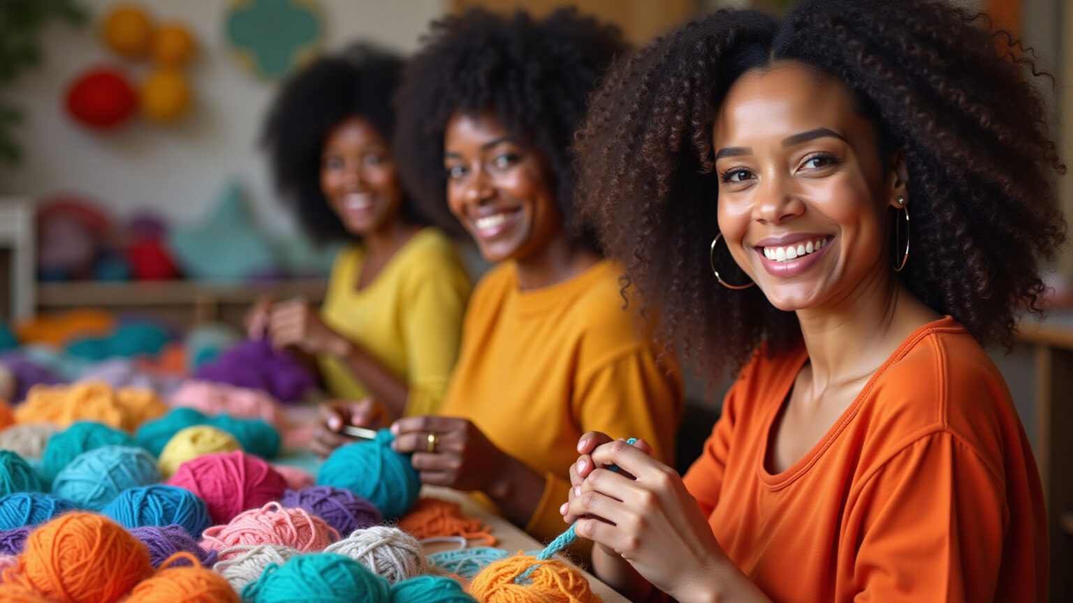 Mulheres crocheteiras trabalhando com linhas coloridas em ateliê vibrante.
