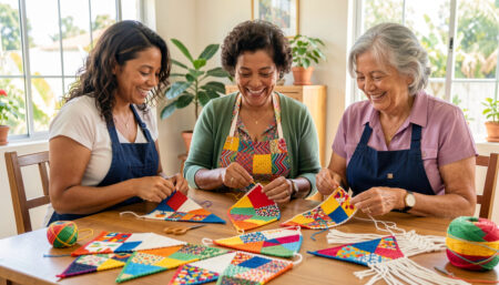 Mulheres brasileiras diversas criando bandeirinhas artesanais para festa junina com crochê, patchwork e macramê.