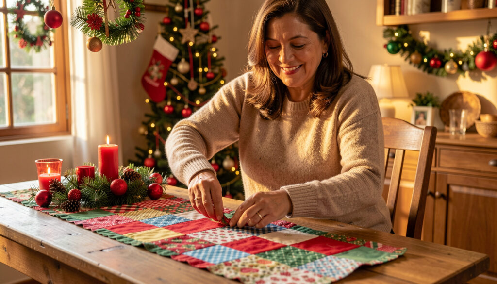 38 Ideias de Patchwork Natal para Inspirar Sua Decoração Mulher brasileira sorrindo e arrumando um caminho de mesa de patchwork natalino.